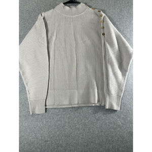 Tahari Women’s Ribbed Mock Neck Sweater Beige Gold Button Shoulder M/M